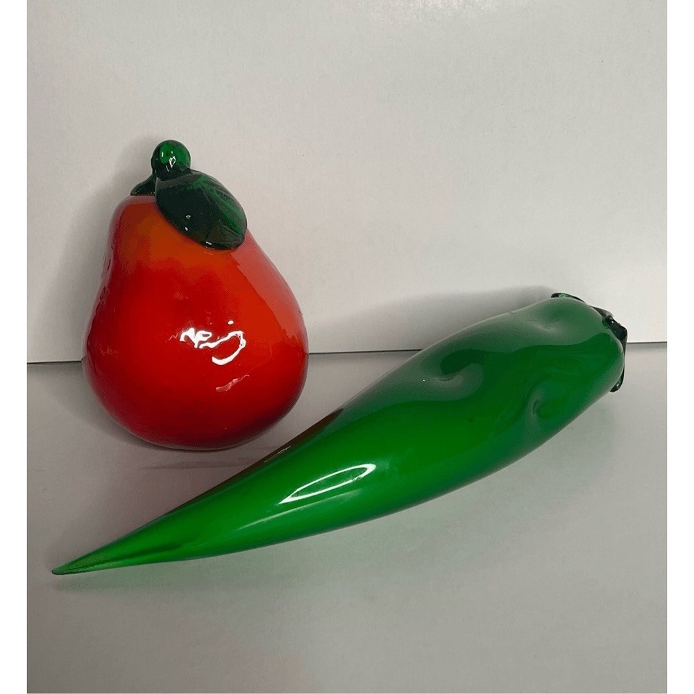 VTG Murano Art Glass Hand Blown Green/Orange Pepper/Pear Paperweight Decor 9"/4"